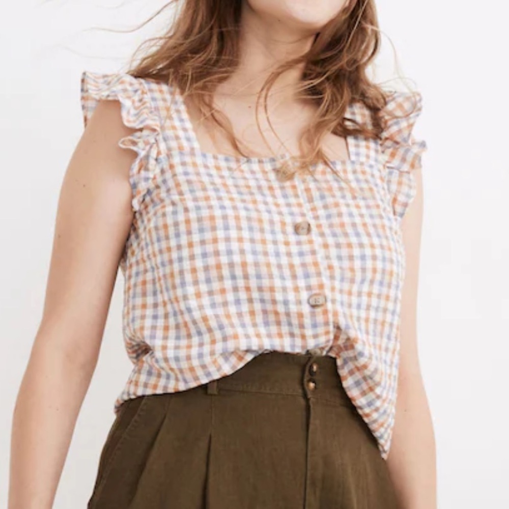 Madewell Plaid Seersucker Ruffle Up Blouse Lg w MEASUREMENTS! + FREE Ringer Tee